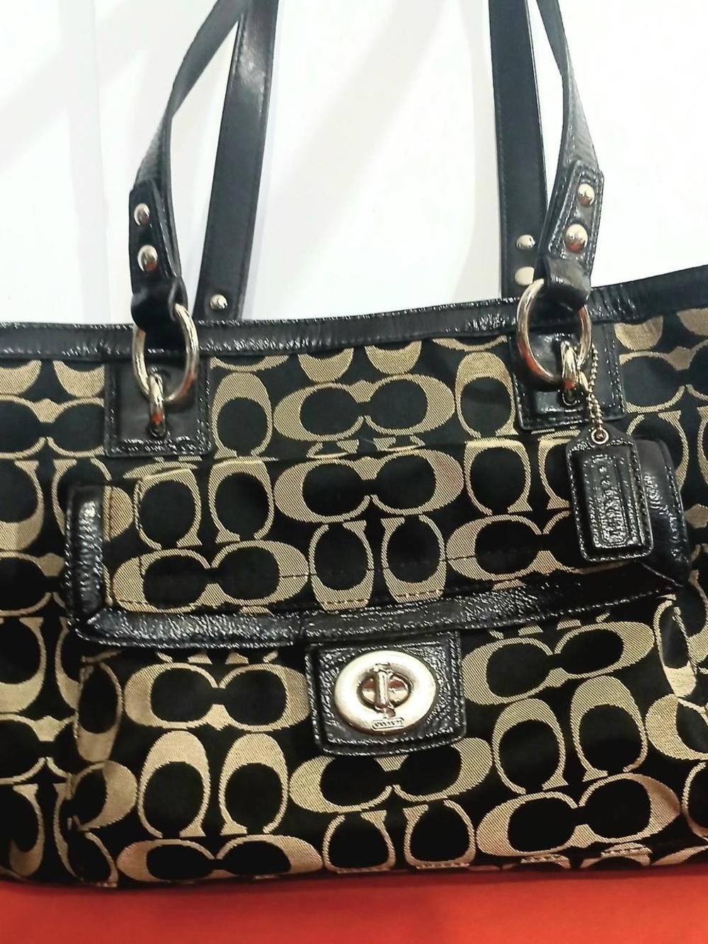 Coach Signature Jacquard Shoulder Bag in Black and Tan
